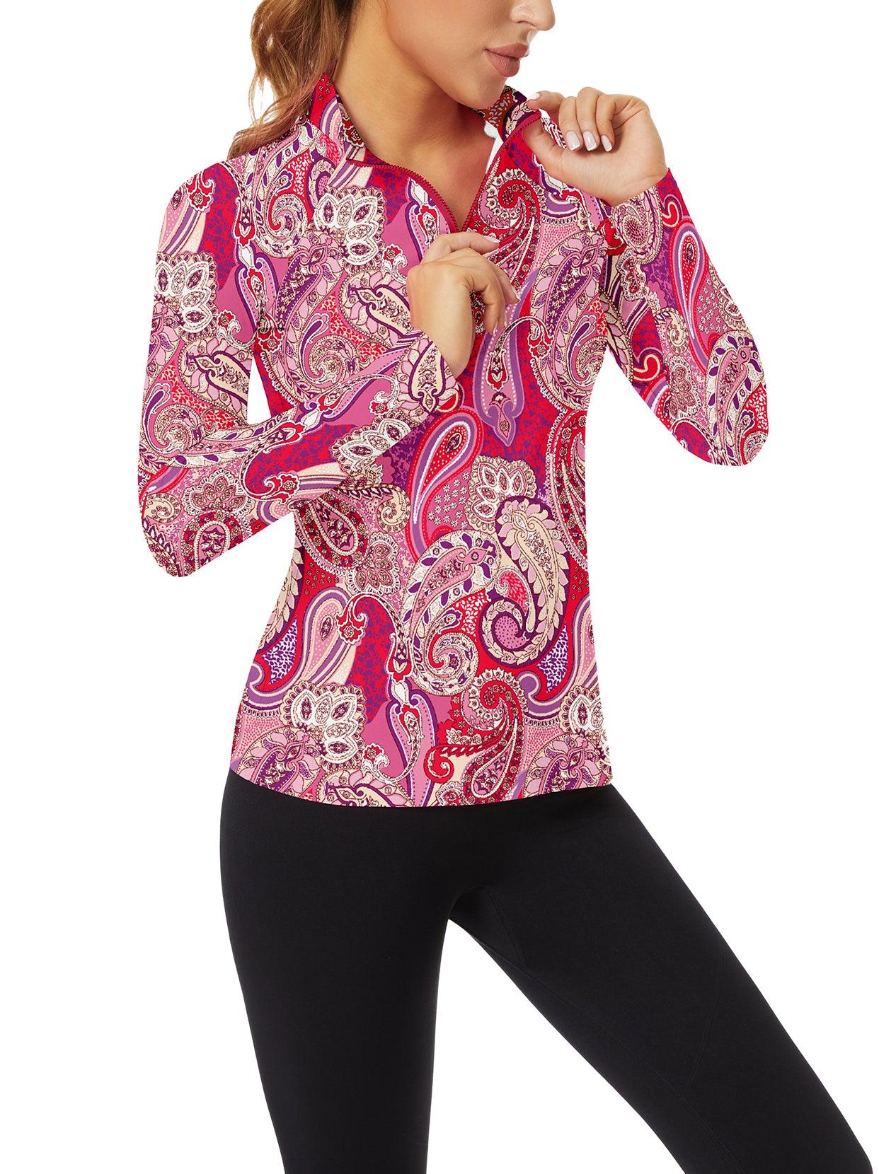 Purple and Red Floral V-Neck Long Sleeve Polo Shirt for Ladies