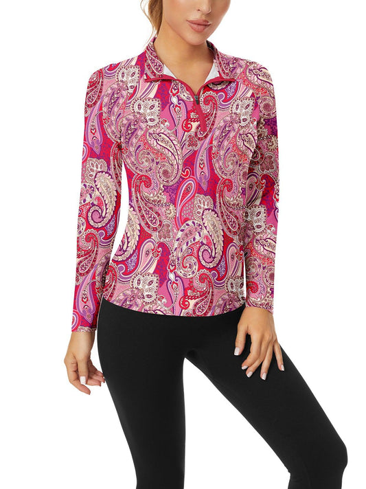 Purple and Red Floral V-Neck Long Sleeve Polo Shirt for Ladies