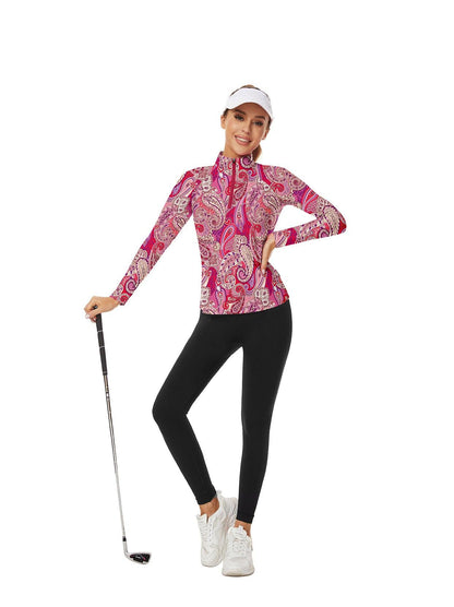 Purple and Red Floral V-Neck Long Sleeve Polo Shirt for Ladies