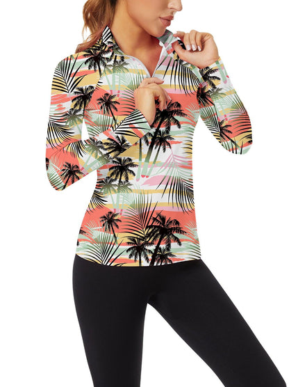 Coconut Tree V-Neck Long Sleeve Polo Shirt for Ladies