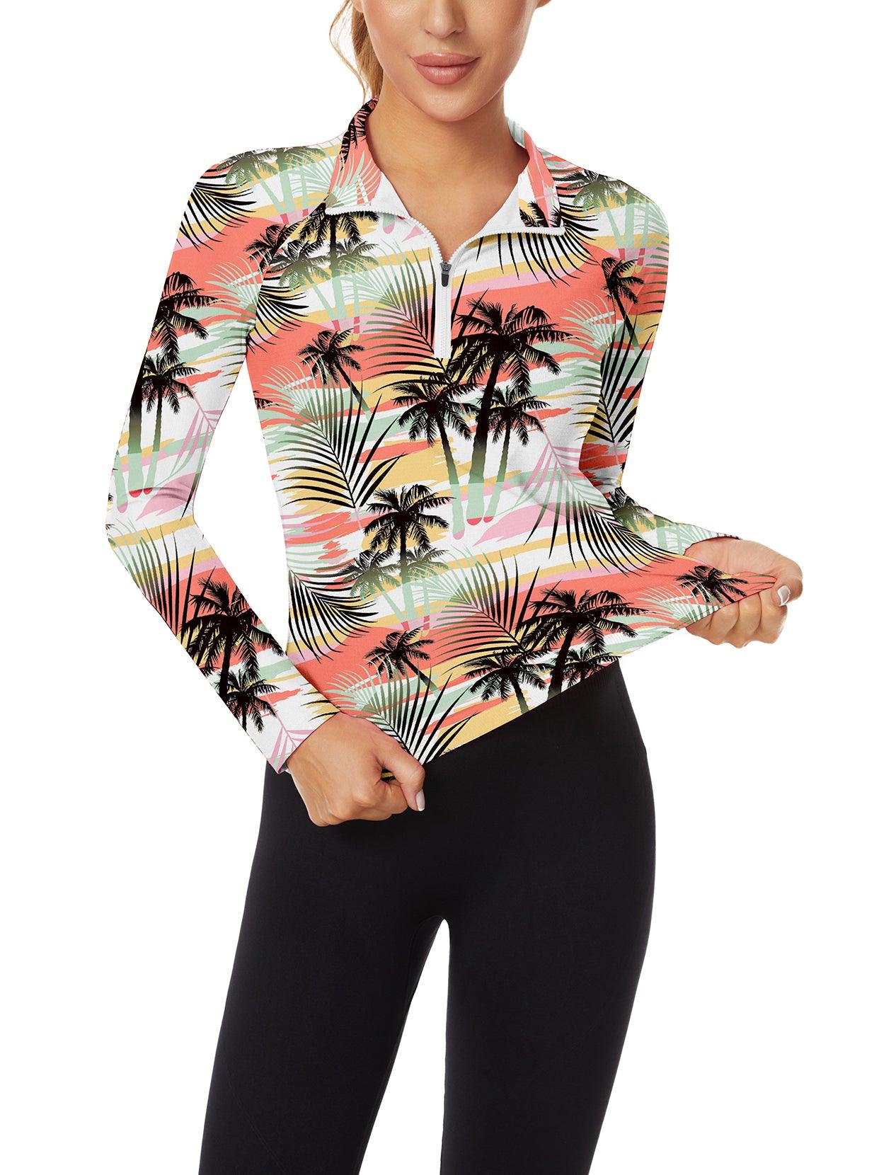 Coconut Tree V-Neck Long Sleeve Polo Shirt for Ladies