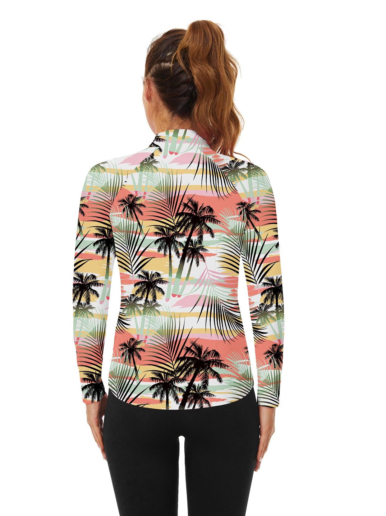 Coconut Tree V-Neck Long Sleeve Polo Shirt for Ladies