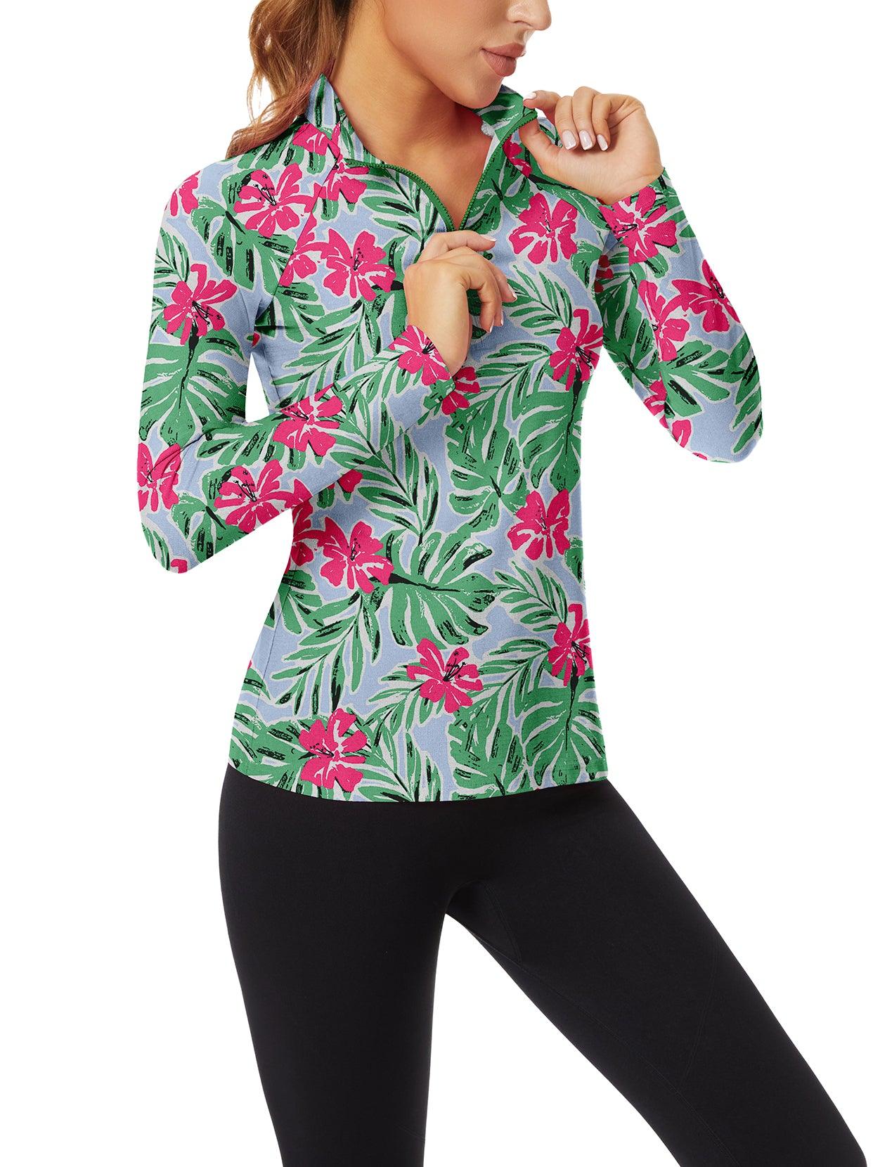 Green Leaves and Red Flower V-Neck Long-sleeve Golf Shirt for Women