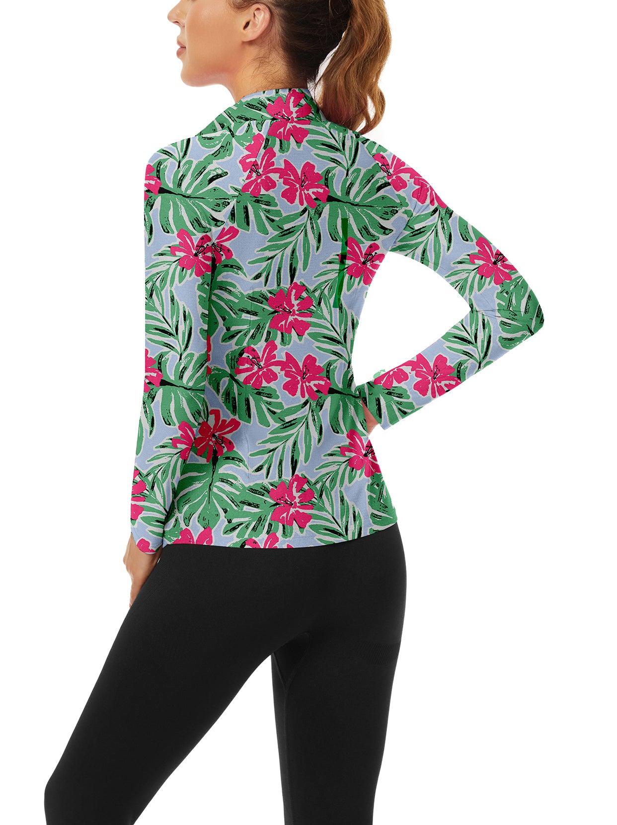 Green Leaves and Red Flower V-Neck Long-sleeve Golf Shirt for Women