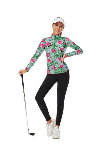 Green Leaves and Red Flower V-Neck Long-sleeve Golf Shirt for Women