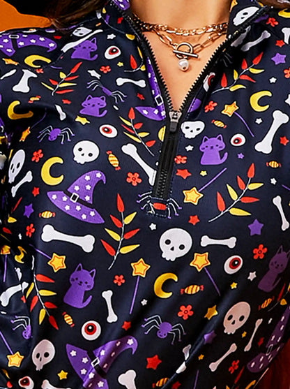 Halloween Purple Pattern Quarter-zip Long-sleeve Polo Shirt for Women