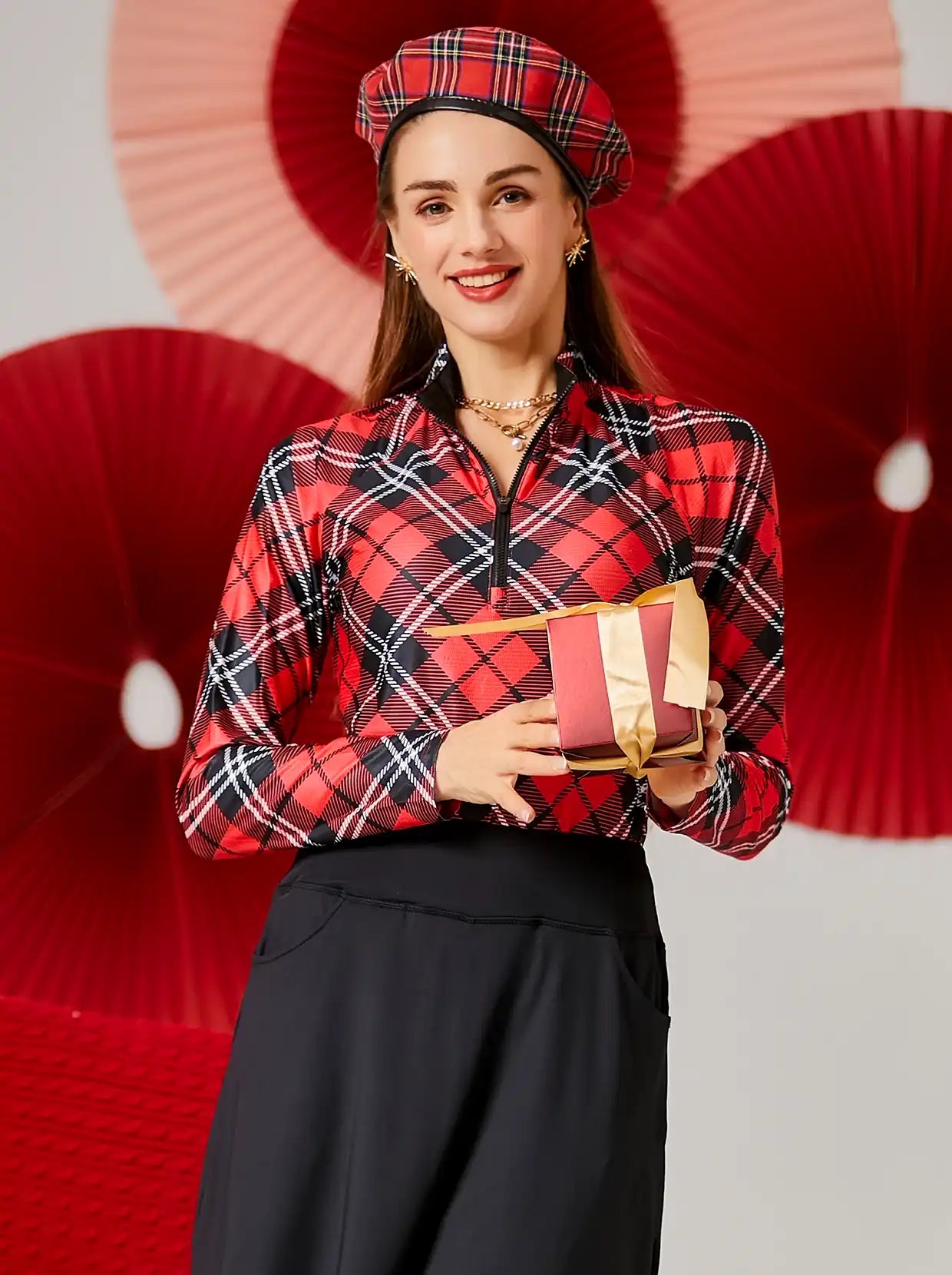 Christmas Red Argyle Quarter-zip Long-sleeve Shirt for Women