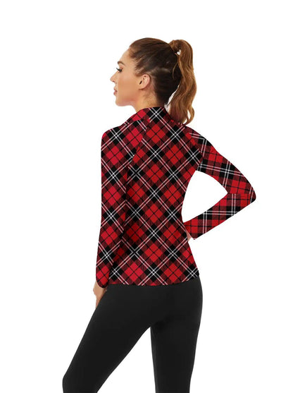 Christmas Red Argyle Quarter-zip Long Sleeve Polo Shirt for Women