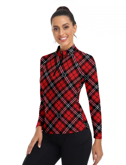 Christmas Red Argyle Quarter-zip Long Sleeve Polo Shirt for Women