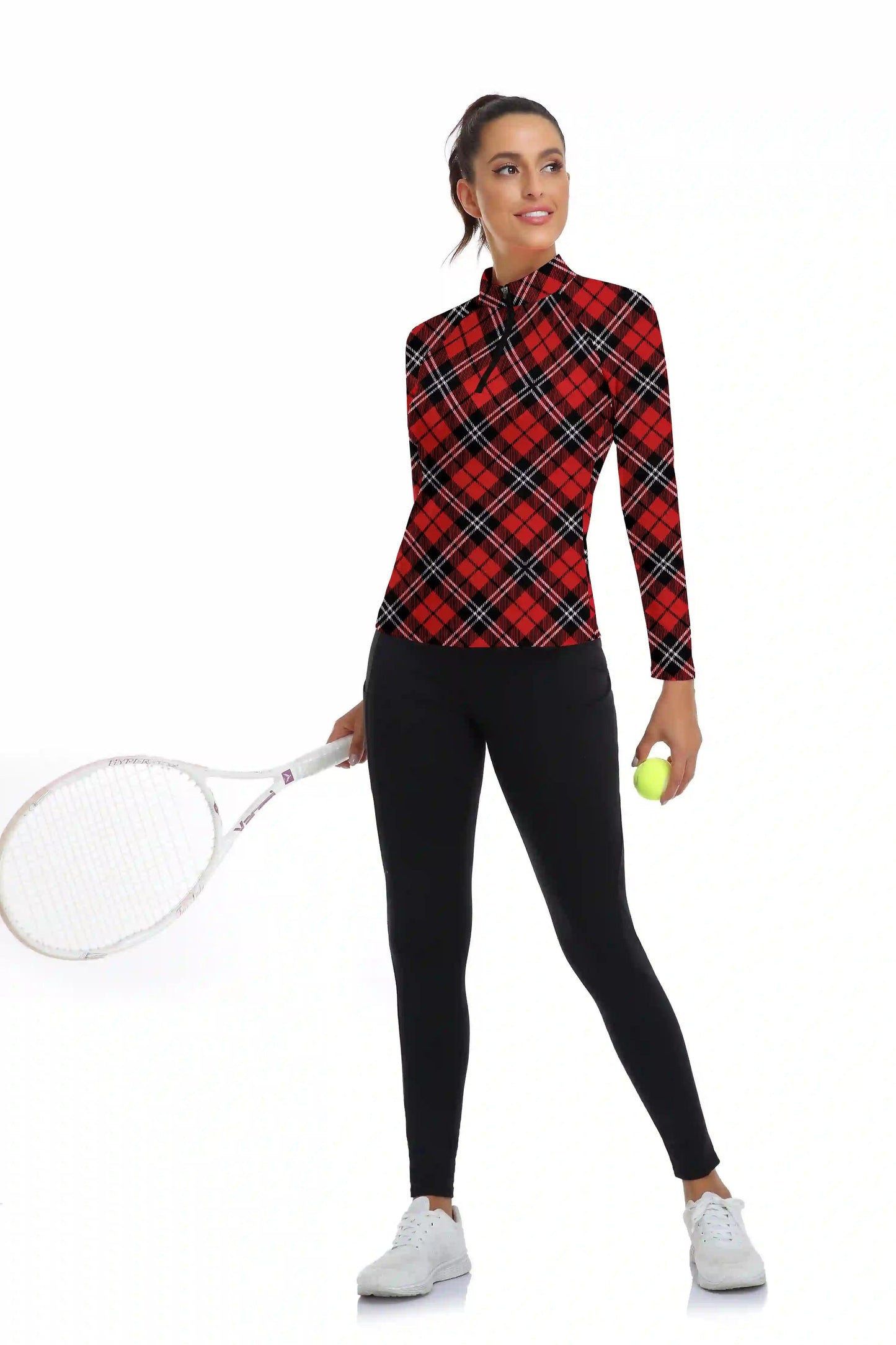 Christmas Red Argyle Quarter-zip Long Sleeve Polo Shirt for Women