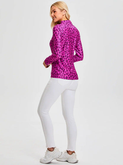 Purple Leopard Quarterzip Long Sleeve Golf Shirt for Women