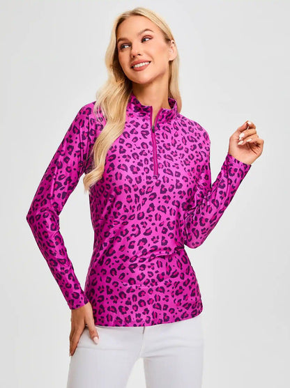 Purple Leopard Quarterzip Long Sleeve Golf Shirt for Women