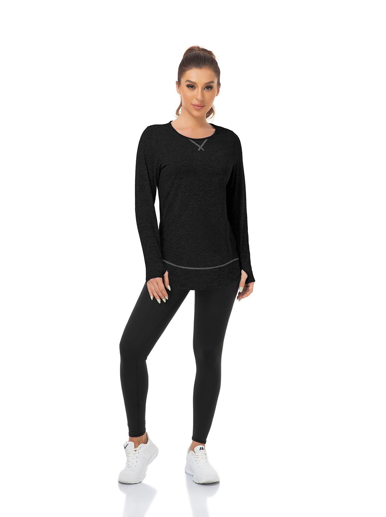 Women's Thermal-🌞SO® Black Thermal Fleece Long Sleeve Workout Shirts Scoop Neck Running Loose Fit Basic Tops