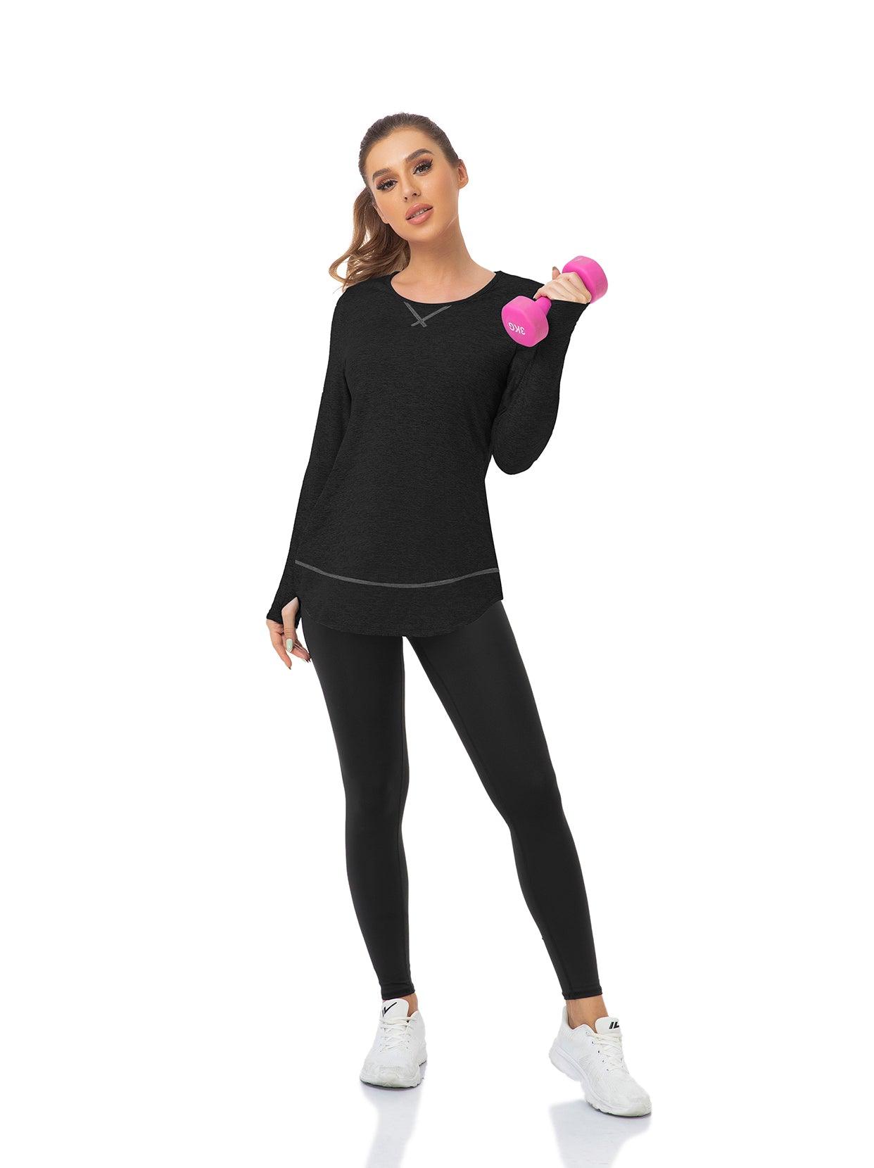 Women's Thermal-🌞SO® Black Thermal Fleece Long Sleeve Workout Shirts Scoop Neck Running Loose Fit Basic Tops