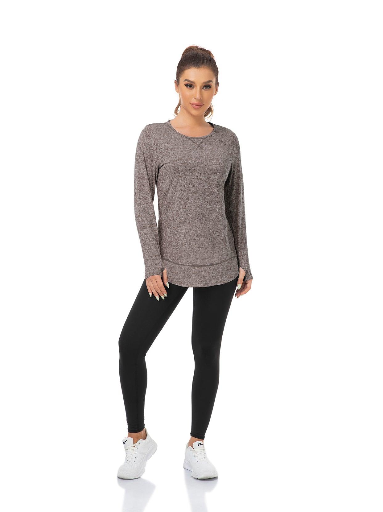 Women's Thermal-🌞SO® Brown Thermal Fleece Long Sleeve Workout Shirts Scoop Neck Running Loose Fit Basic Tops