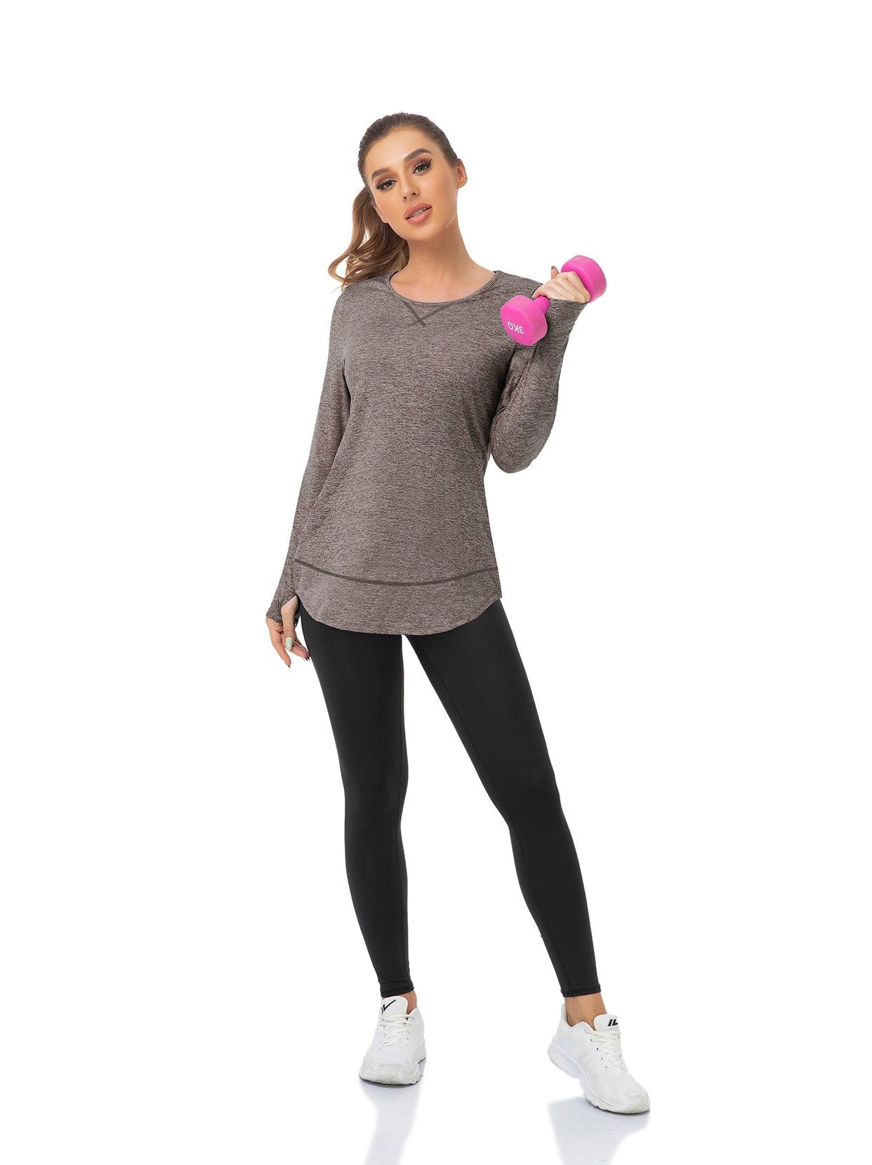 Women's Thermal-🌞SO® Brown Thermal Fleece Long Sleeve Workout Shirts Scoop Neck Running Loose Fit Basic Tops