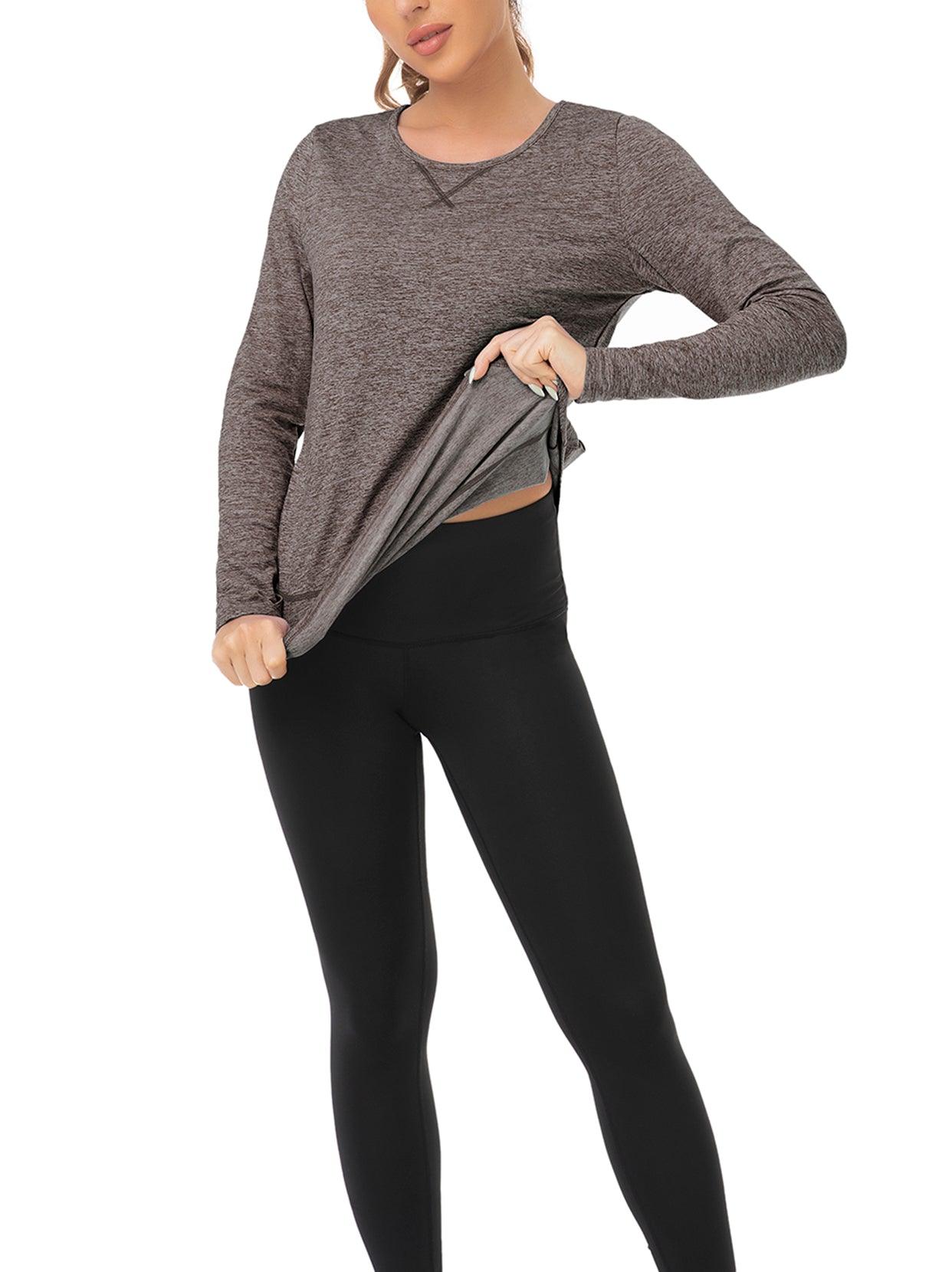 Women's Thermal-🌞SO® Brown Thermal Fleece Long Sleeve Workout Shirts Scoop Neck Running Loose Fit Basic Tops