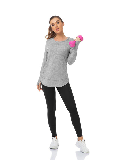 Women's Thermal-🌞SO® Grey Thermal Fleece Long Sleeve Workout Shirts Scoop Neck Running Loose Fit Basic Tops