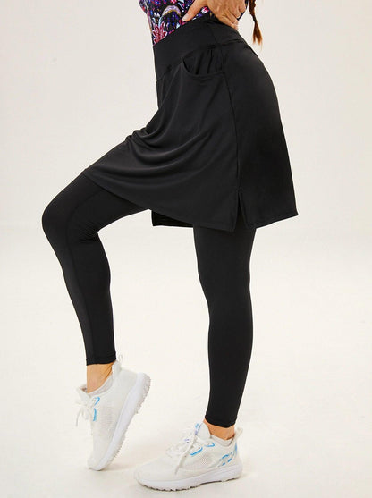 Solid Black Straight Skirted Leggings - Suitable for Tennis