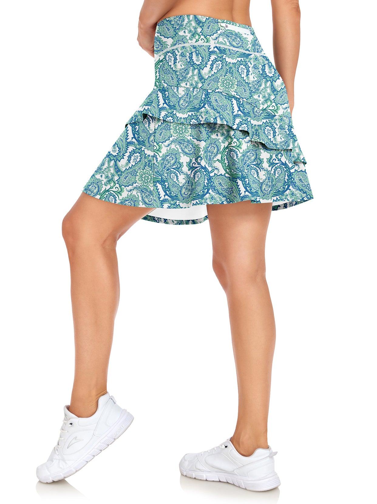 Ladies Women's Active Skort with Pocket-✨ Light Blue Vintage Flower 20'' Knee Length Tennis Skirts Athletic Long Golf Skorts Skirts with Inner Shorts Pockets