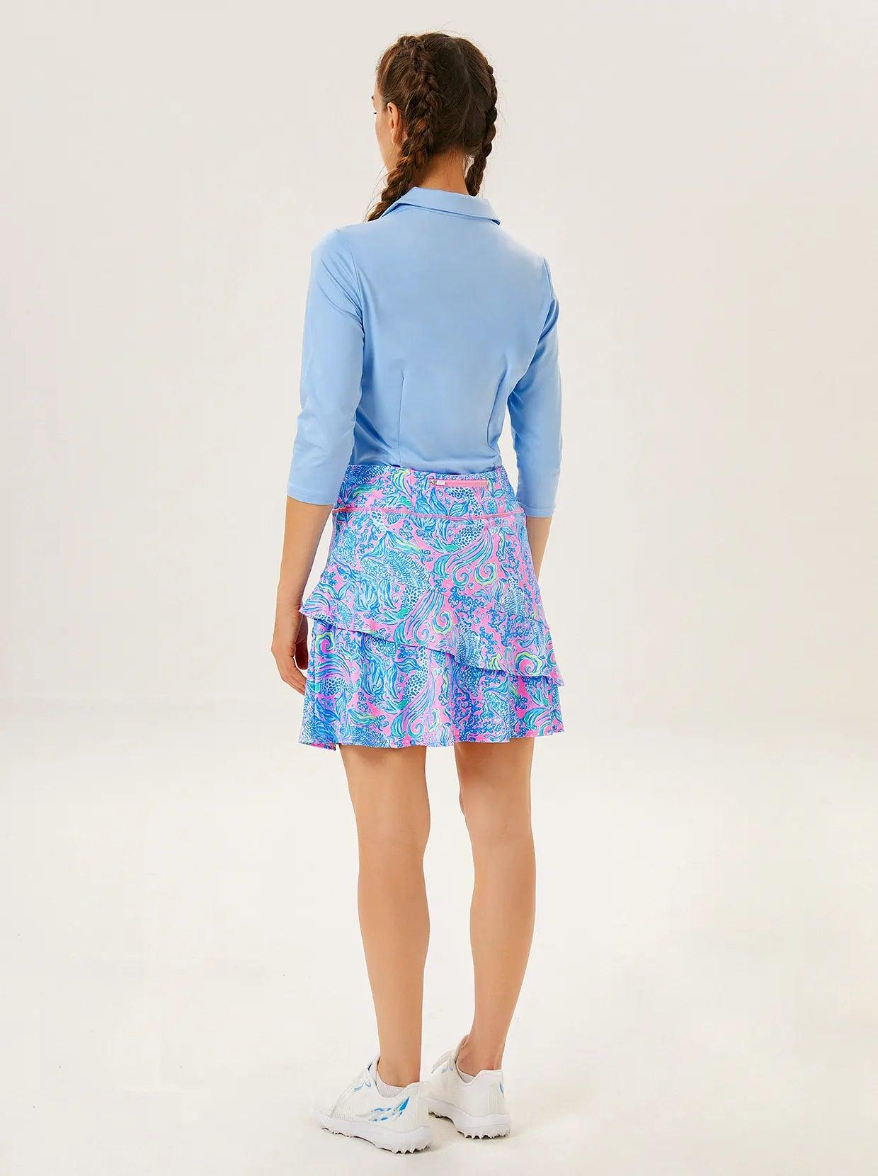 Pink and Blue Print Double Layer Ruffled Skort - Suitable for Tennis