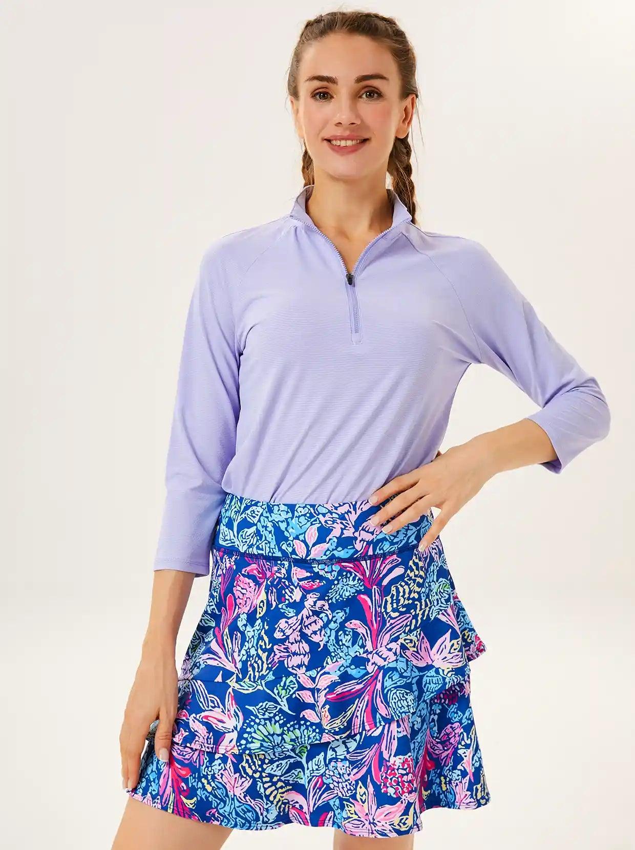 Purple and Blue Print Double Layer Ruffled Skort - Suitable for Golf