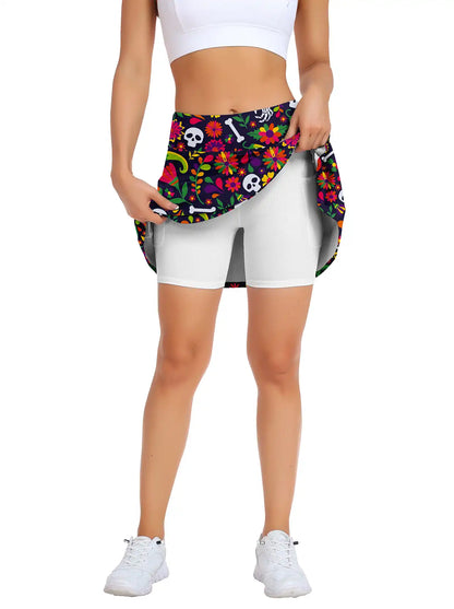 Halloween Colorful Flower and Skull High Waist Skort for Women