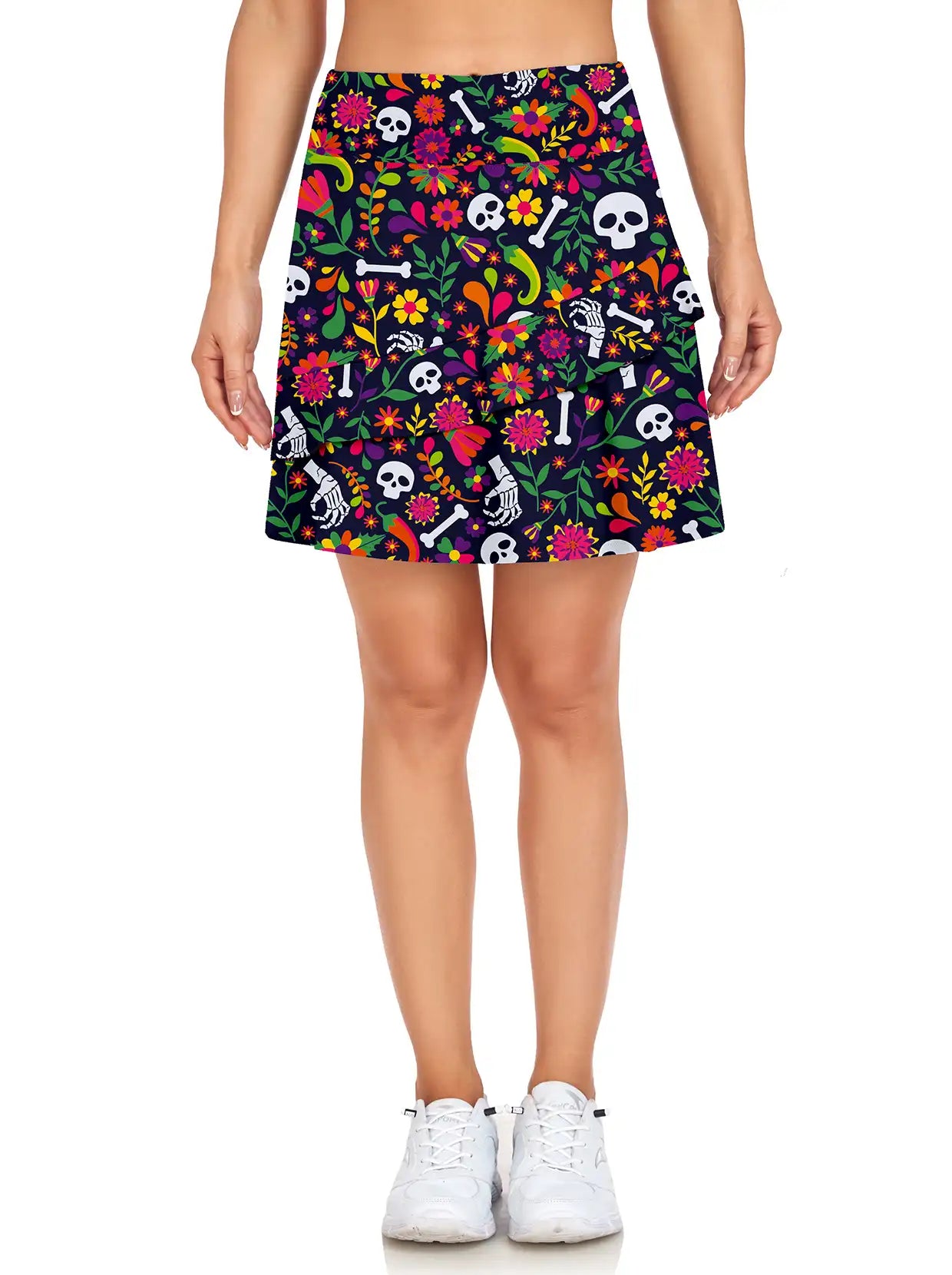 Halloween Colorful Flower and Skull High Waist Tennis Skorts