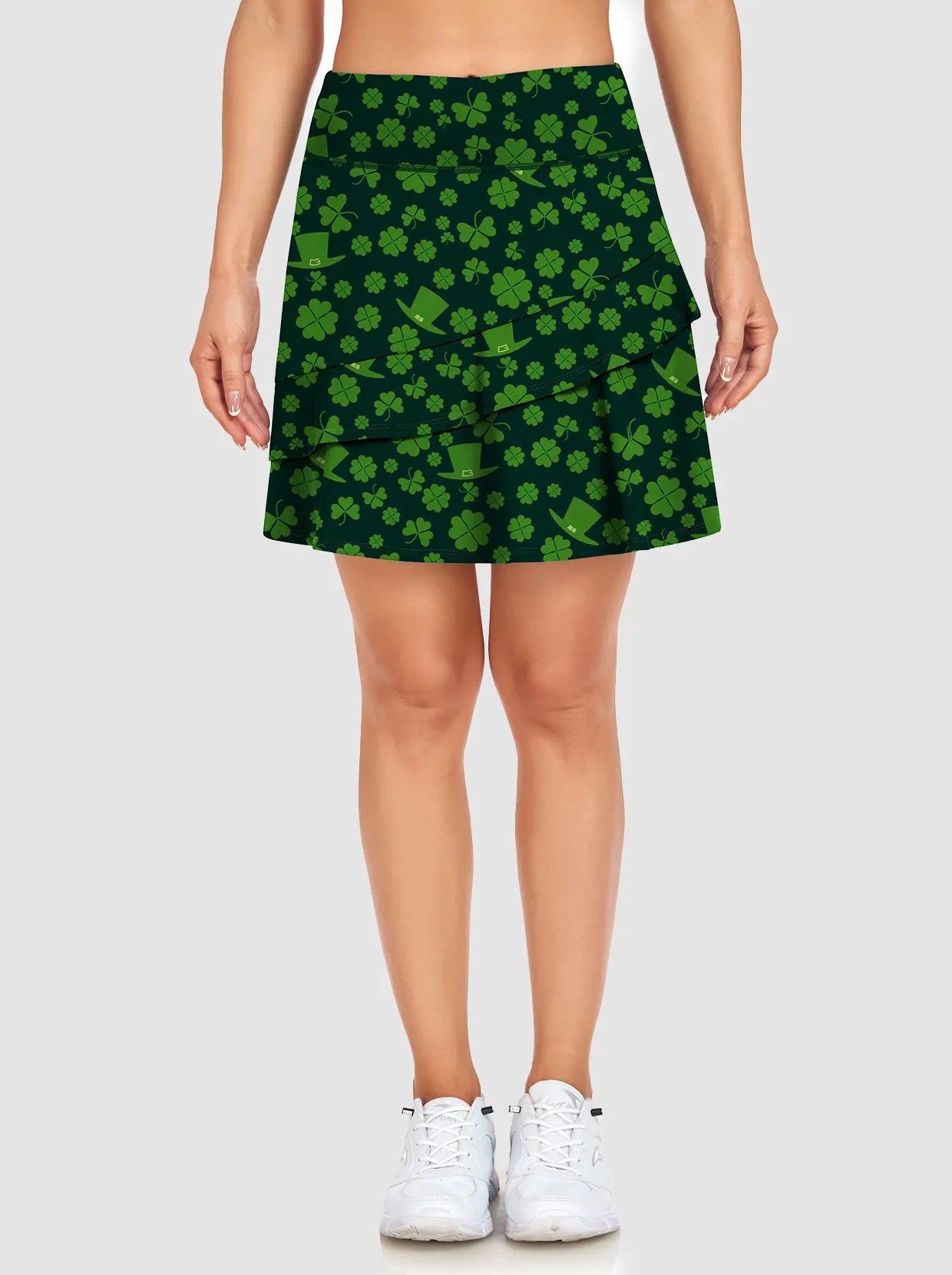 Green four-leaf clover Double-Layer Ruffled Skort with Shorts 