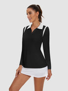 Black Patchwork V-Collar Long Sleeve Golf Polo for Women