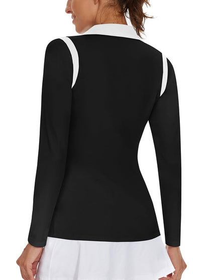 Black Patchwork V-Collar Long Sleeve Golf Polo for Women