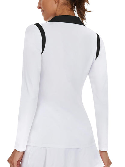 White Patchwork Black V-Collar Long Sleeve Golf Polo for Women