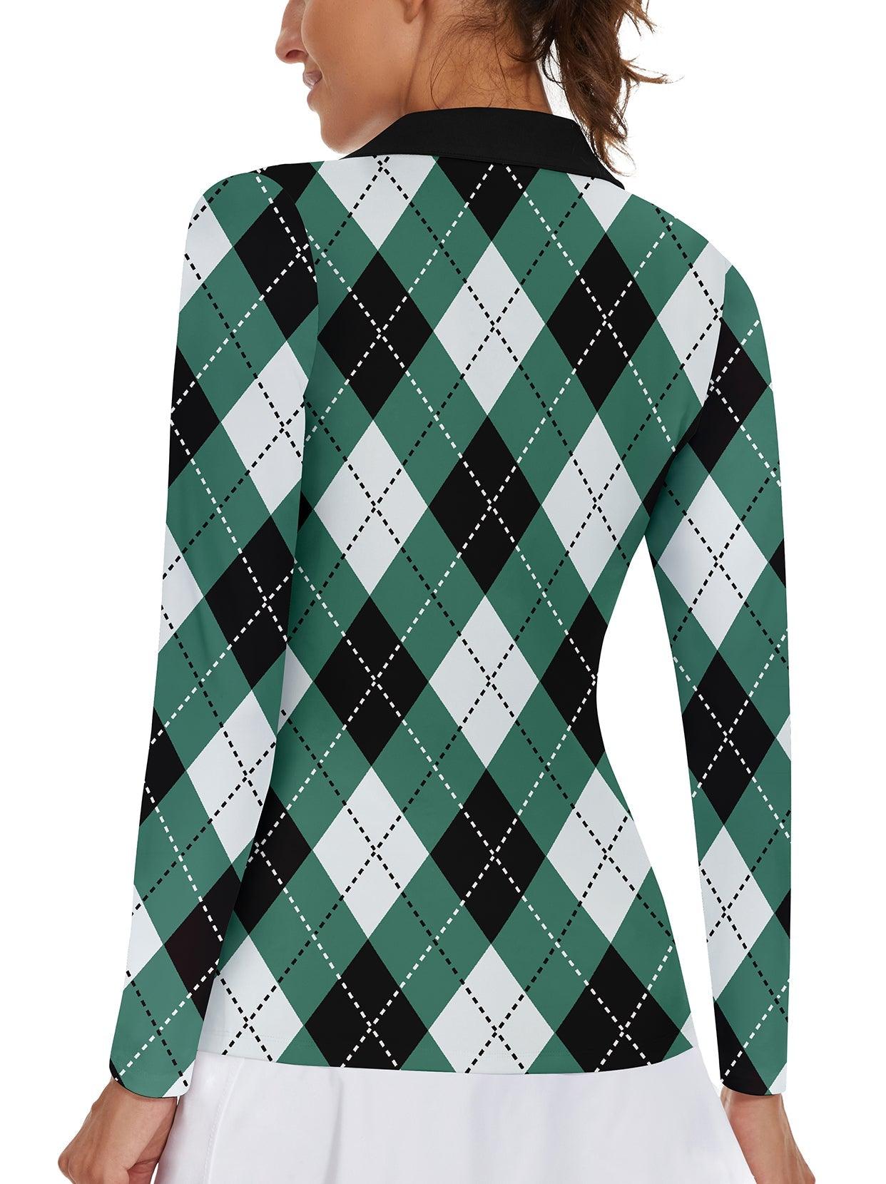 Green and Black Checkboard V-Collar Long-sleeve Golf Polo for Women