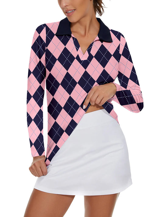 Pink and Dark Blue Argyle V-neck Golf Polo Shirt for Women