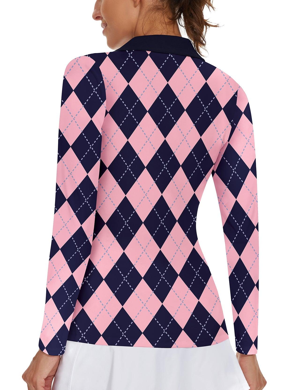 Ladies Long Sleeve Golf Polo- ⛳️SO® Pink and Dark Blue Checkboard V-Collar Moisture Wicking Quick Dry Athletic Workout Striped Tops