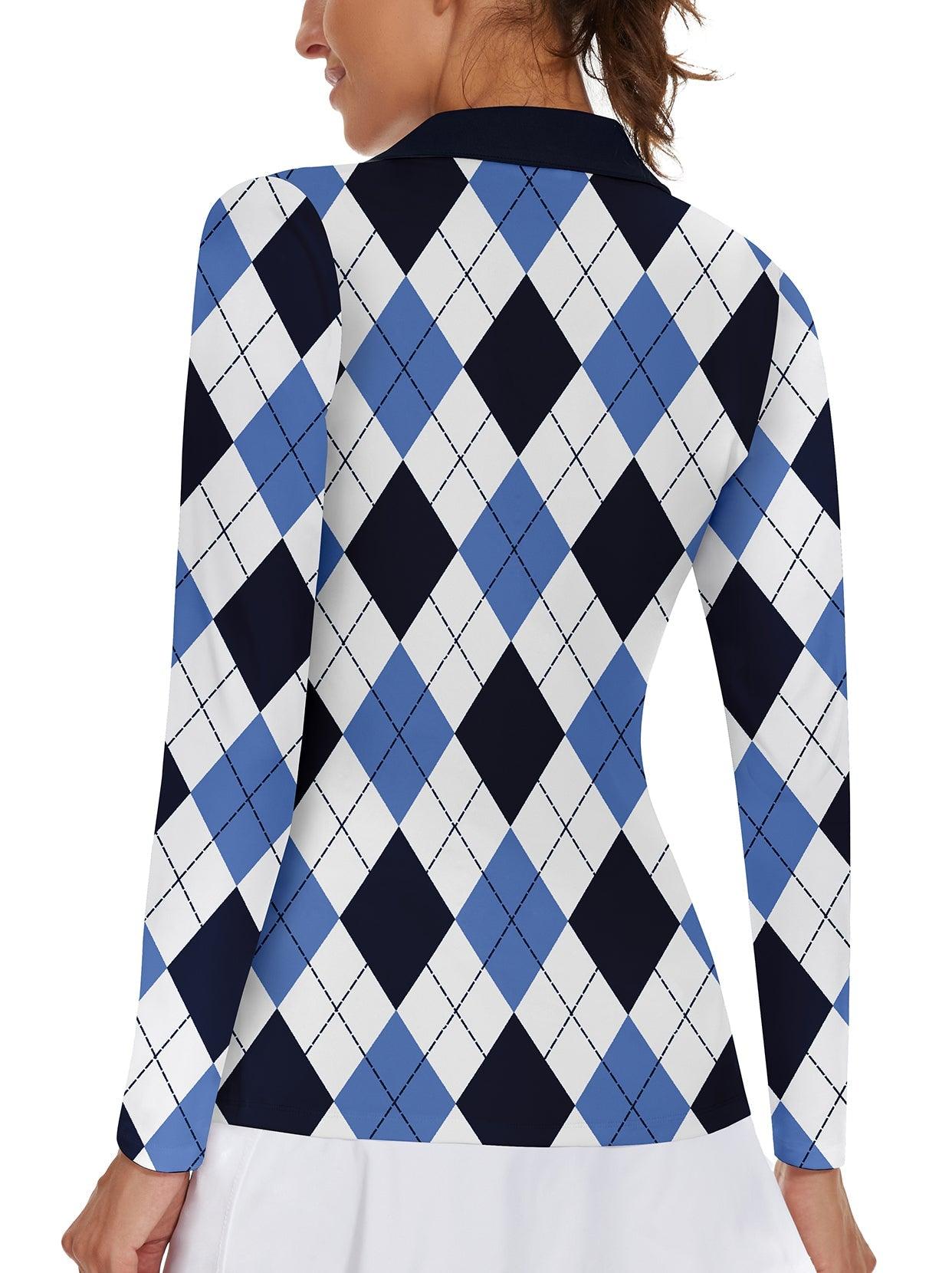 Light Blue and Dark Blue Checkboard V-Collar Long-sleeve Golf Polo for Women