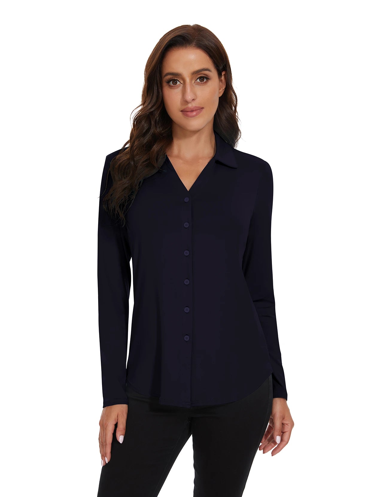 Dark Blue V-Neck Long-sleeve Golf Shirt for Women