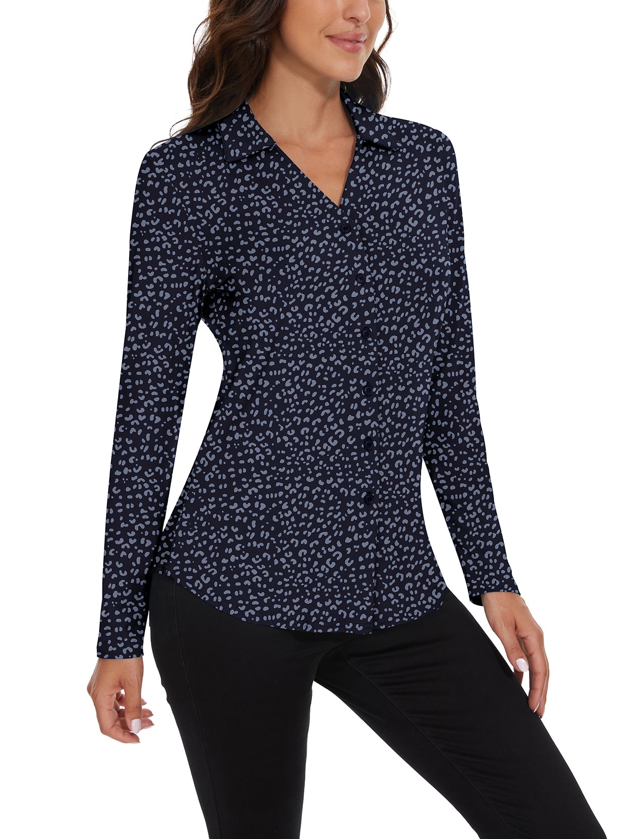 Ladies Long Sleeve Golf Polo- ⛳️SO®  Blue Leopard Long Sleeve Button Down Shirts for Women V Neck Polo Golf Shirt Business Work Collared Blouse Tops