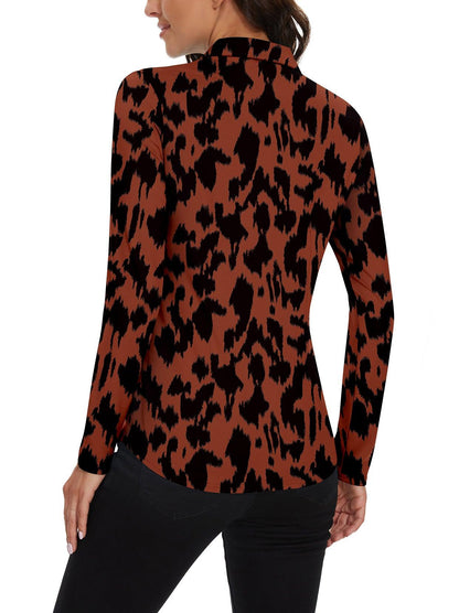 Brown Print Button Down Long-sleeve Golf Shirt for Women