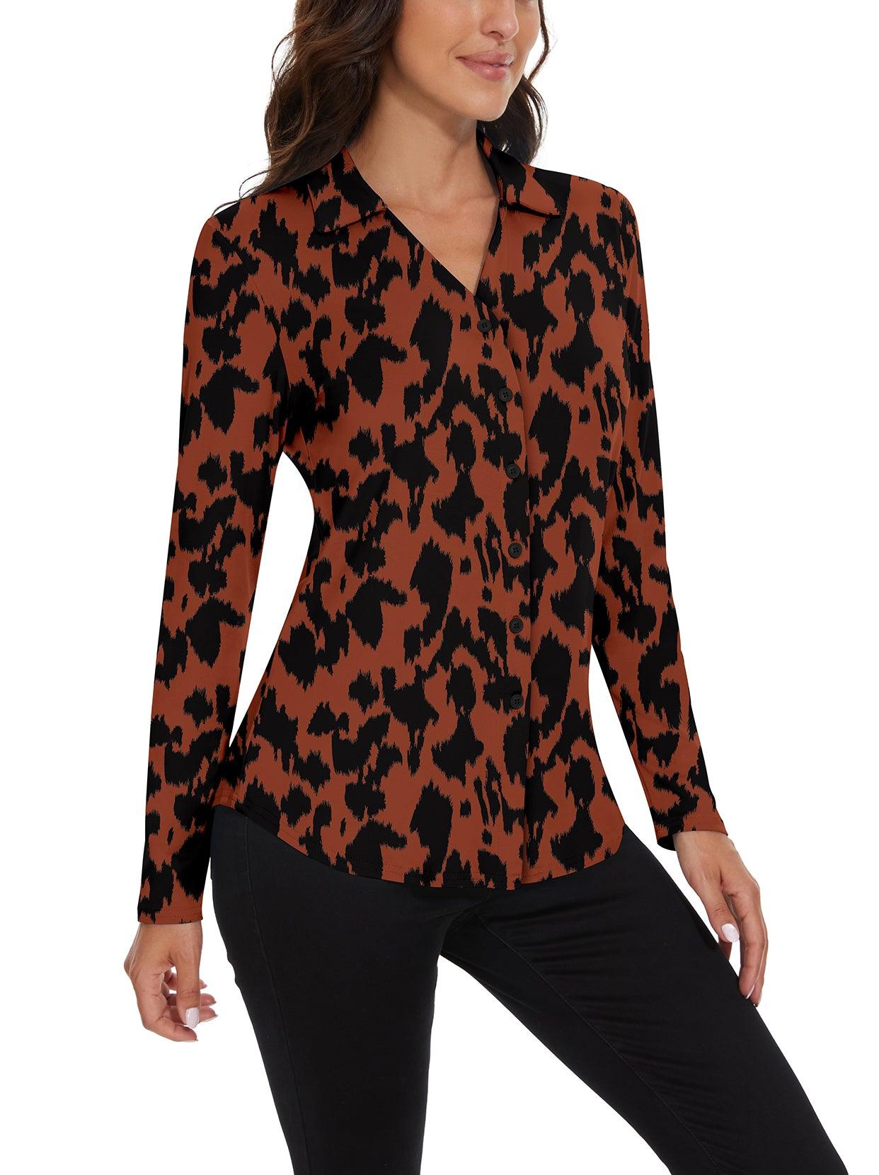 Brown Print Button Down Long-sleeve Golf Shirt for Women