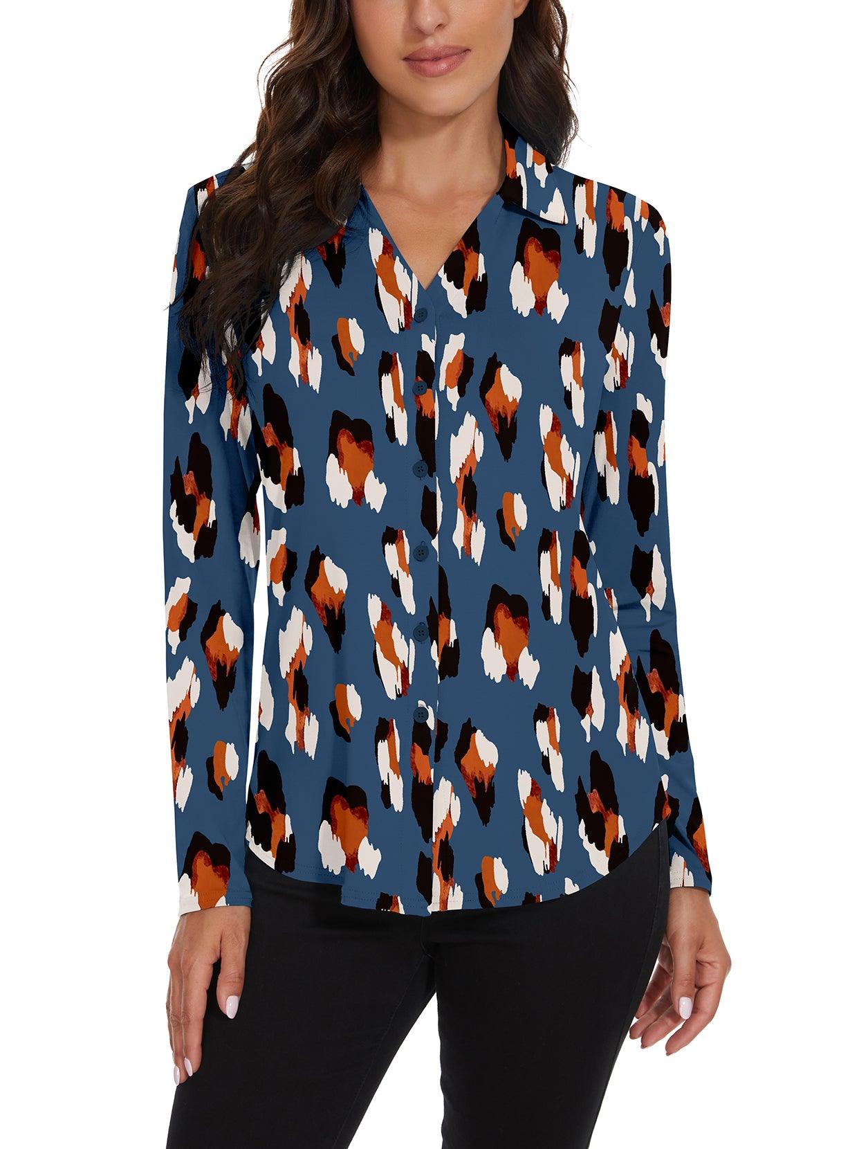 Blue Print V- neckLong-sleeve Button-Down Shirt for Ladies