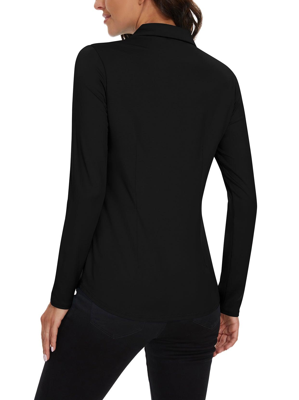 Solid Black V-Neck Long-sleeve Golf Shirt for Women