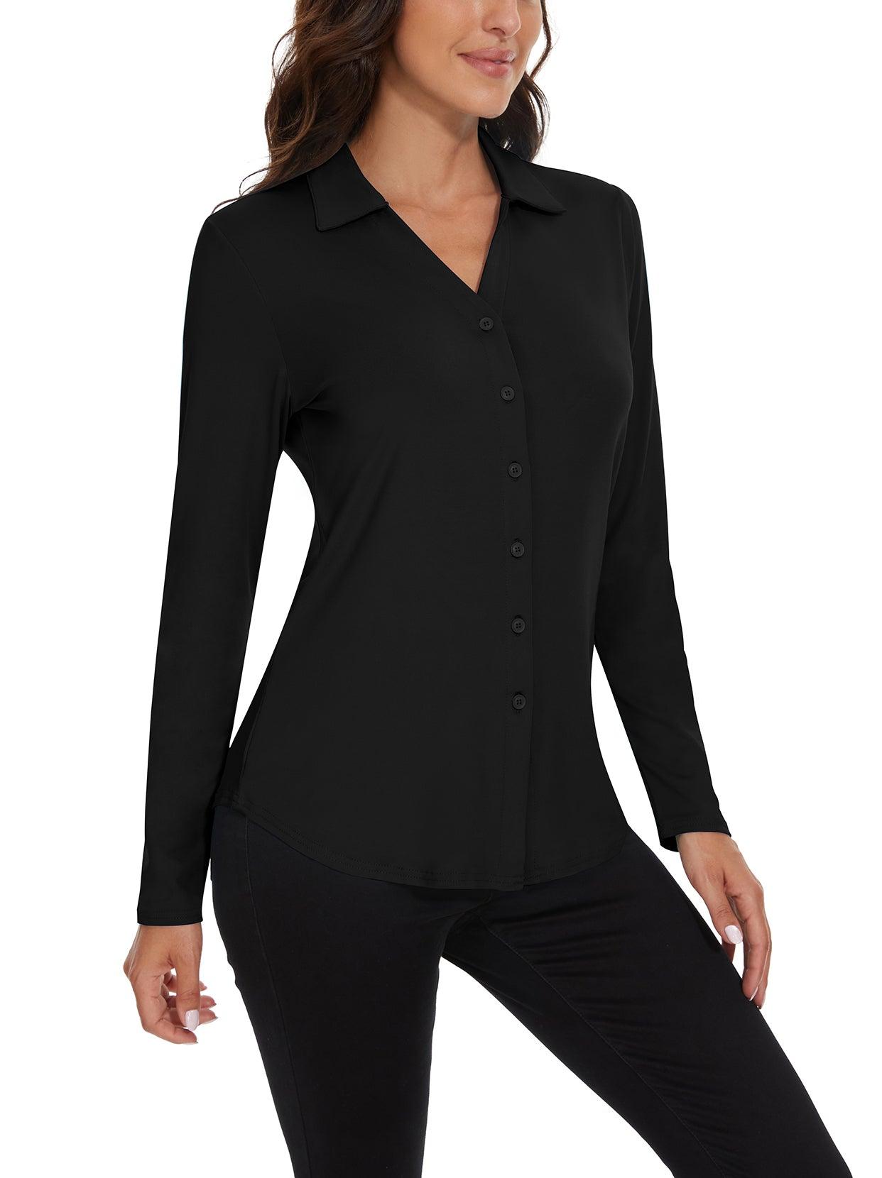 Solid Black V-Neck Long-sleeve Golf Shirt for Women