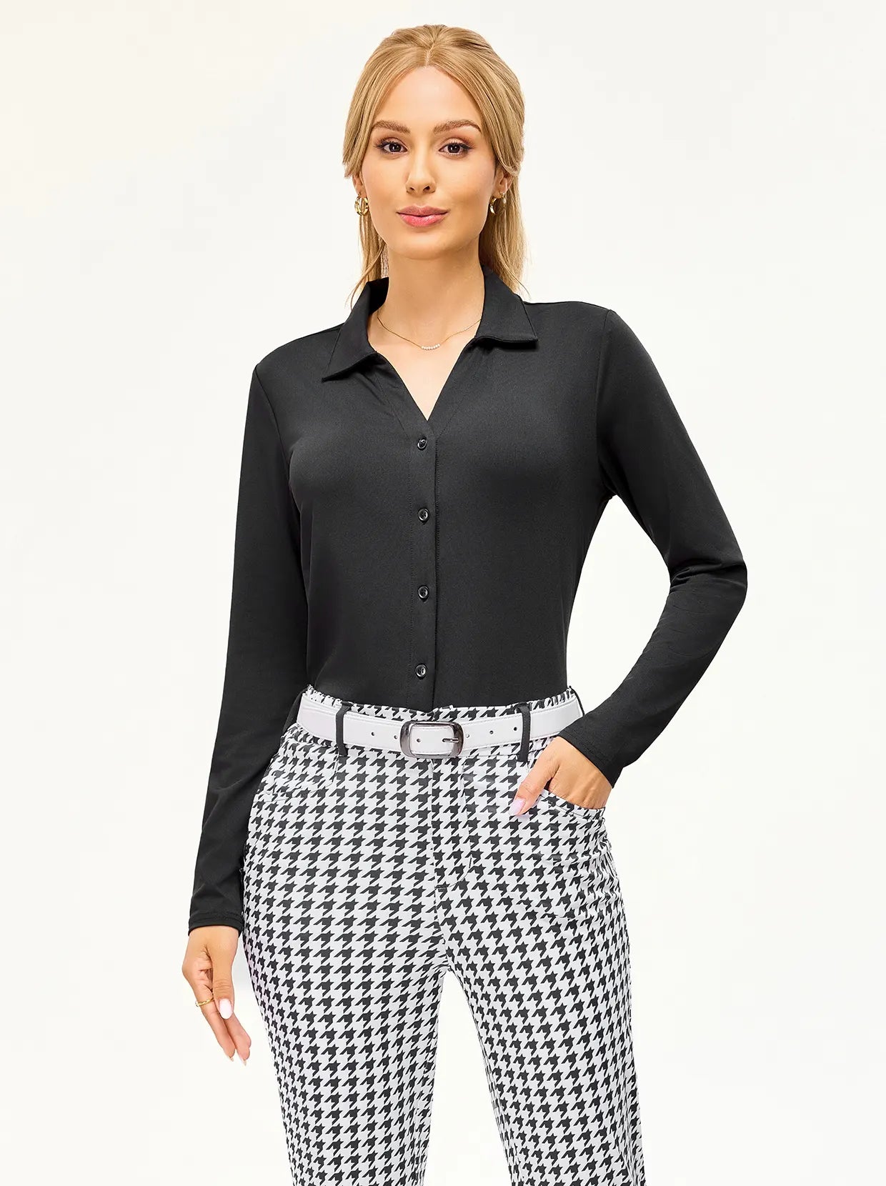 Black V-Neck Long-sleeve Golf Shirt for Women