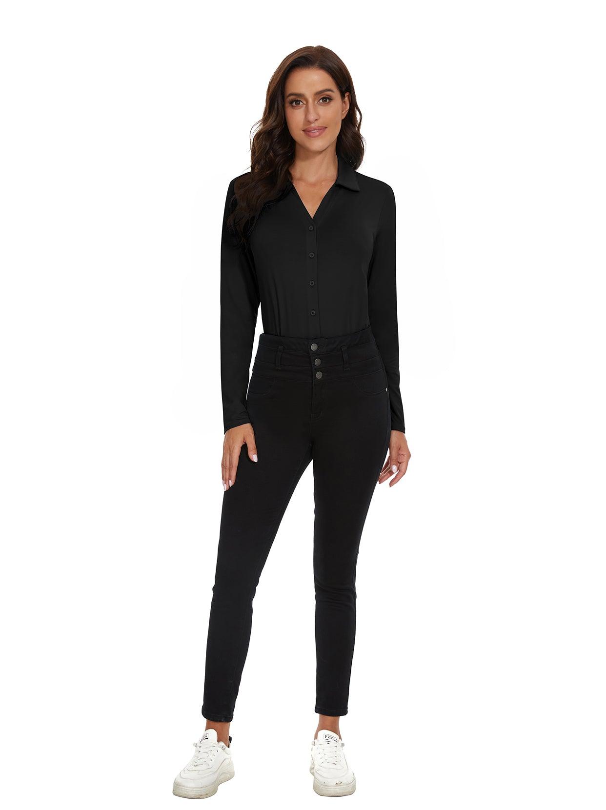 Solid Black V-Neck Long-sleeve Golf Shirt for Women