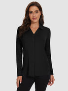 Solid Black V-Neck Long-sleeve Golf Shirt for Women