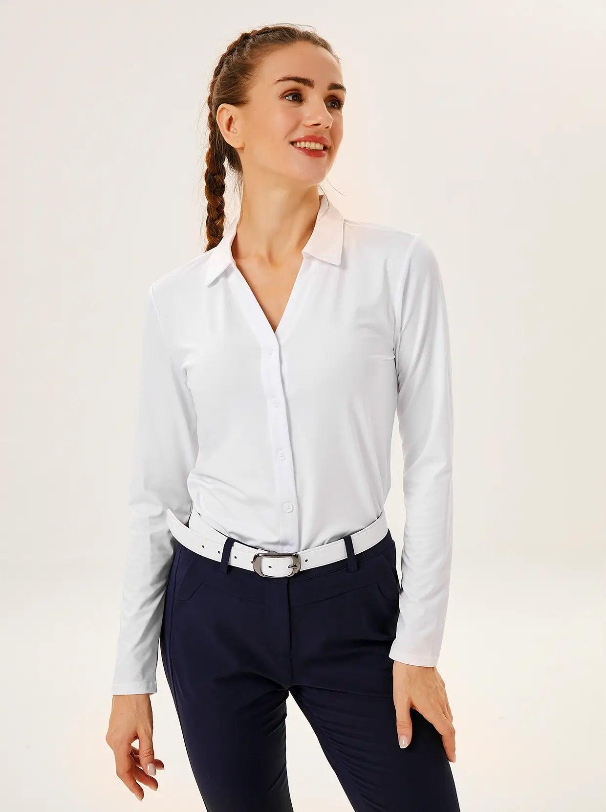 Solid White V-Neck Long-sleeve Golf Shirt for Women