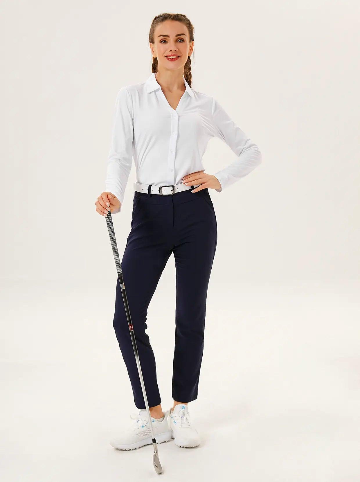 Solid White V Neck Long-sleeve Golf Shirt for Women