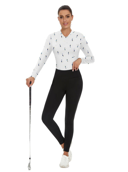 Character Pattern Quarter-Zip Long-sleeve Golf Polo Shirt for Women