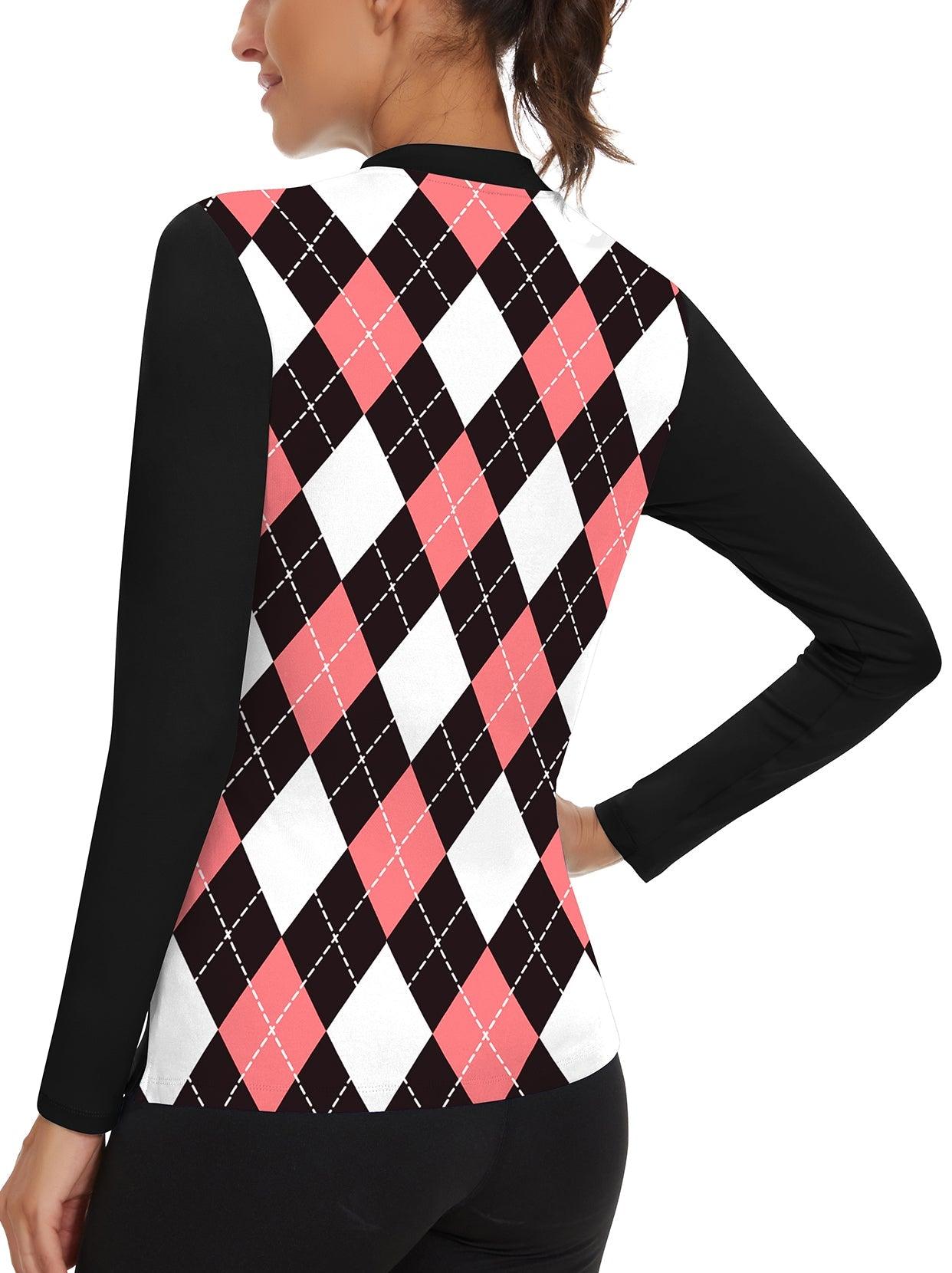 Black and Pink Checkboard Quarter-Zip Long-sleeve Golf Polo for Women